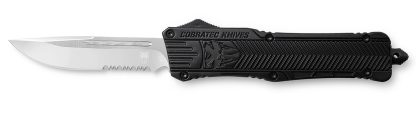 CobraTec Knives LBCTK1LDS CTK-1  Large 3.75" OTF Drop Point Part Serrated D2 Steel Blade/ Black Aluminum Handle Features Glass Breaker Includes Pocket Clip
