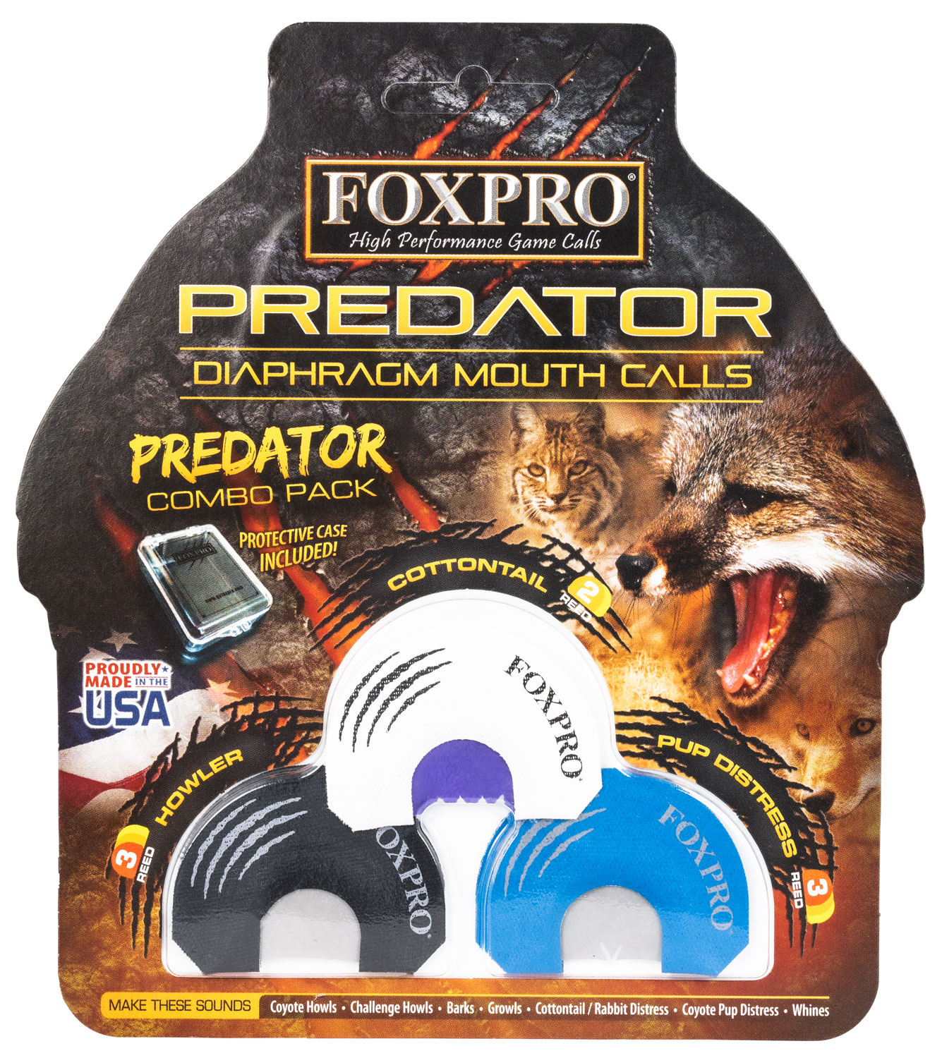 Foxpro COYCOMBO Predator Combo Diaphragm Call Double/Triple Reed Cottontail Sounds Attracts Predators Black/Blue/White 3 Piece