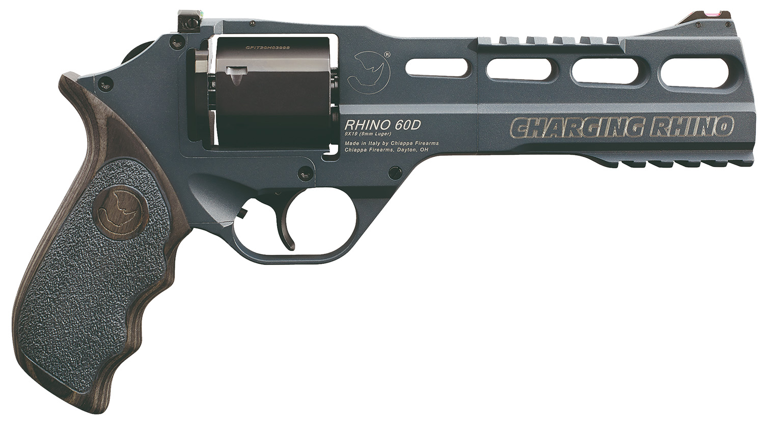 Chiappa Firearms 340314 Rhino 60DS Gen II 9mm Luger 6 Shot 6" Slate Cerakote Steel Black Barrel & Cylinder, Slate Cerakote Aluminum Frame, Black/Gray Finger Grooved Laminate Grip, Exposed Hammer