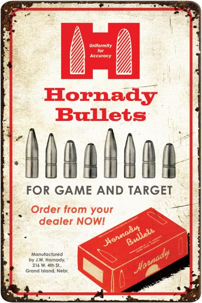 Hornady 99145 Bullets Tin Sign Rustic Red White Aluminum 12" x 18"