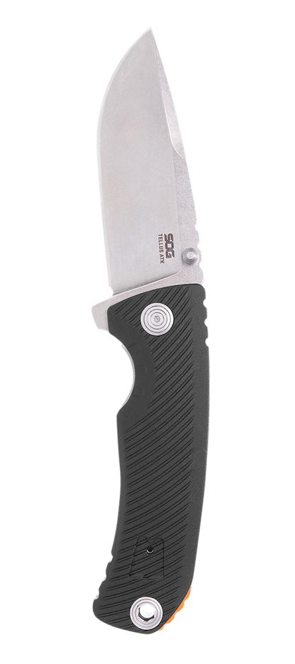 S.O.G SOG11060243 Tellus ATK 3.50" Folding Clip Point Plain Stonewashed Cryo 440C SS Blade/ Black Textured w/Orange Backspacer GRN Handle Includes Belt Clip