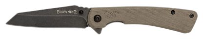 Browning 3220512 Branded Rock EDC 3" Folding Wharncliffe Plain Black Stonewashed 7Cr17MoV SS Blade, Flat Dark Earth G10 Handle