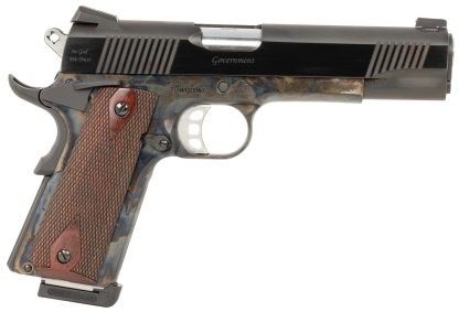 Tyler Gun Works TGWGVCC45 Custom 1911 Government Full Size Frame 45 ACP 7+1 5" Stainless Match Grade Barrel, Blued Serrated Steel Slide, Color Case Steel Frame w/Beavertail, Walnut Grip