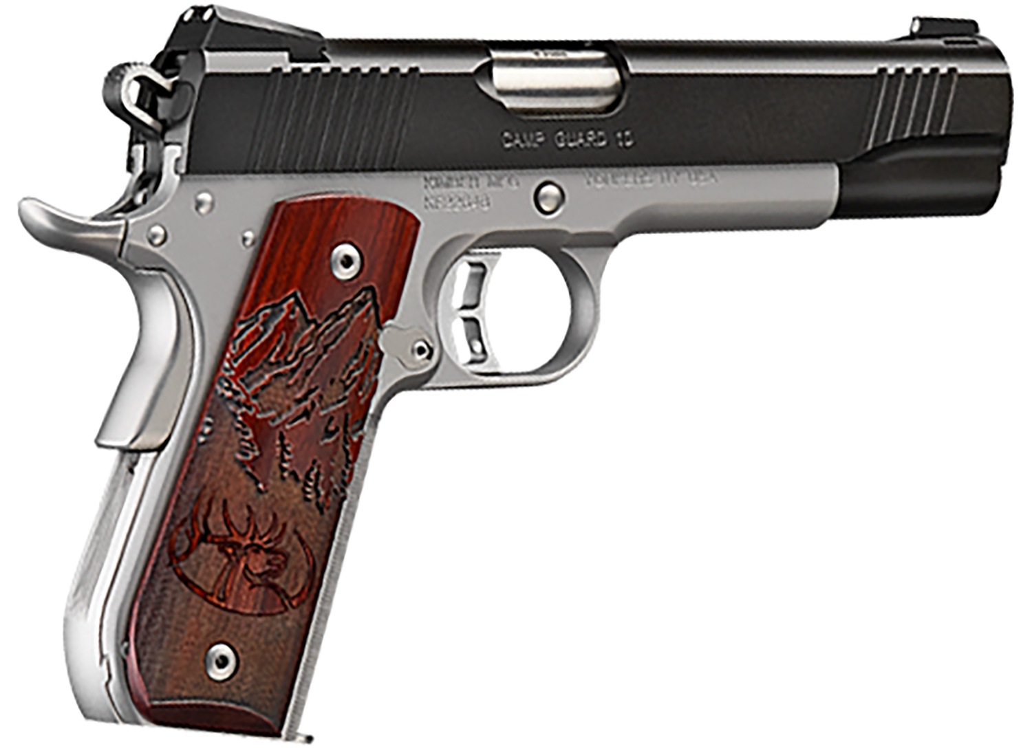Kimber Mfg, Inc 3000233 Camp Guard 10mm Auto 8+1 5" Stainless Match Grade Barrel, Matte Black Serrated Stainless Steel Slide, Satin Silver Stainless Steel Frame w/Beavertail, Rosewood Grip