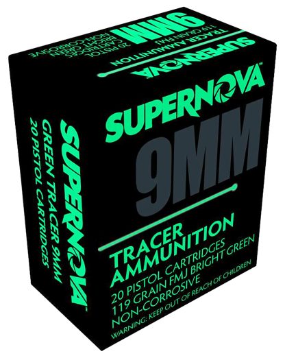 Supernova PMSN9MMG Green Tracer Non Corrosive 9mm Luger 119 Gr Full Metal Jacket 20 Per Box/ 50 Cs