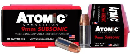 Atomic Ammunition 00438 Pistol Subsonic 9mmLuger 147gr Bonded Match Hollow Point 50 Per Box/10 Case