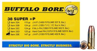Buffalo Bore Ammunition 33E20 Personal Defense Strictly Business 38Super +P 147gr Jacket Hollow Point 20 Per Box/12 Case