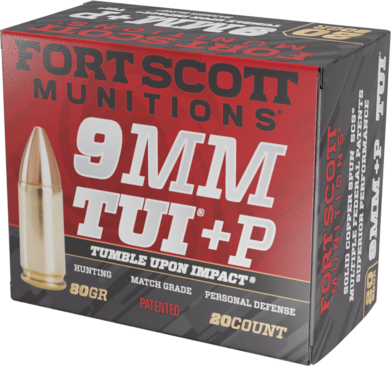 Fort Scott Munitions 9MM+P-080-SCV Tumble Upon Impact (TUI) 9mm+P 80gr Solid Copper Spun 20 Per Box/25 Case