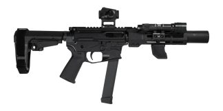 Shark Coast Tactical SCC06704SPBO9-D Sneeky Pete Deluxe w/Optic 9mm Luger 30+1 5.50" Black Melonite Threaded Barrel, Black Cerakote Receiver, SB Tactical SBA3 Brace, Vortex Crossfire Red Dot, Streamli
