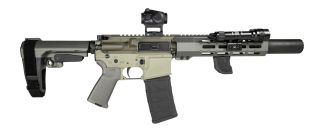 Shark Coast Tactical SCCSNKYSD556002 Sneeky Pete Deluxe 5.56 NATO 30+1 7.50" Threaded Barrel Aluminum Receiver w/Picatinny Rail, M-LOK Handguard, Polymer SB Tactical SBA3 Brace, Vortex Crossfire Red D