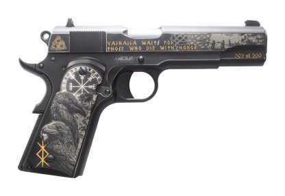 Tisas Arms Customs 10100516AA10 1911 A1 Stakeout Norse God Sports South Exclusive 45 ACP 8+1 5" Carbon Steel Serrated Slide Carbon Steel Frame w/Beavertail